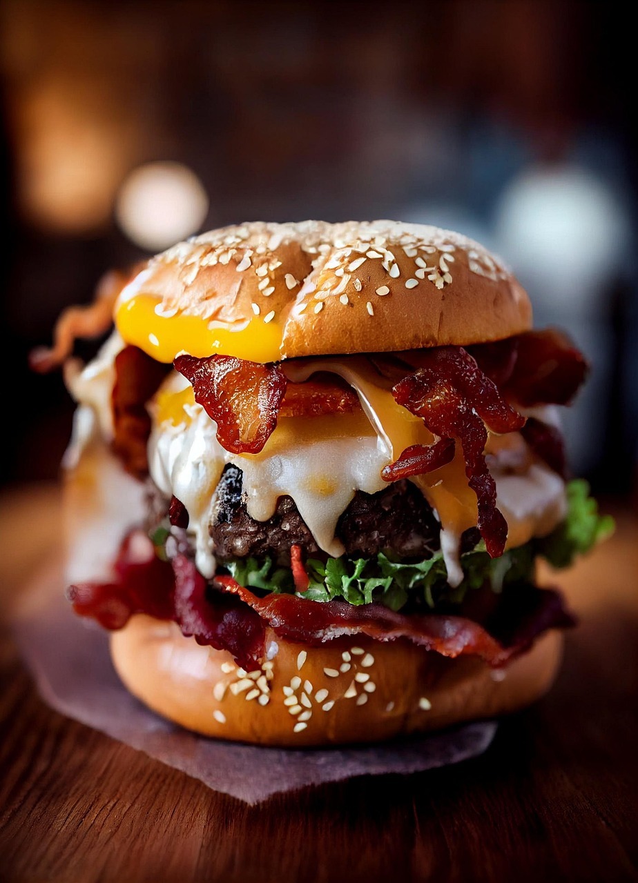 A cheeseburger with bacon and cheese
AI-generated content may be incorrect.