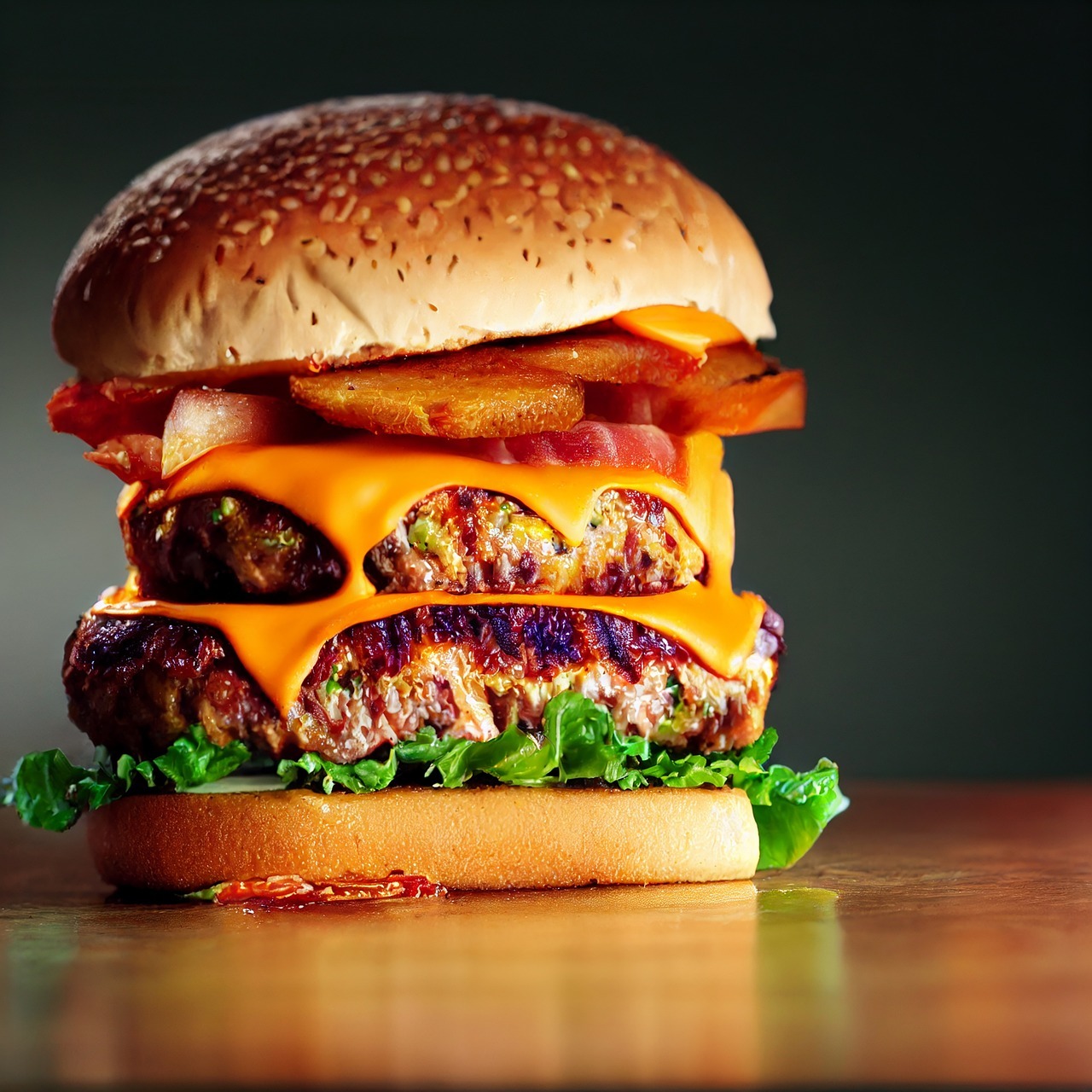 A double cheeseburger with bacon and lettuce
AI-generated content may be incorrect.