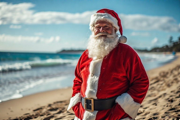 A person in a santa suit on a beach
AI-generated content may be incorrect.